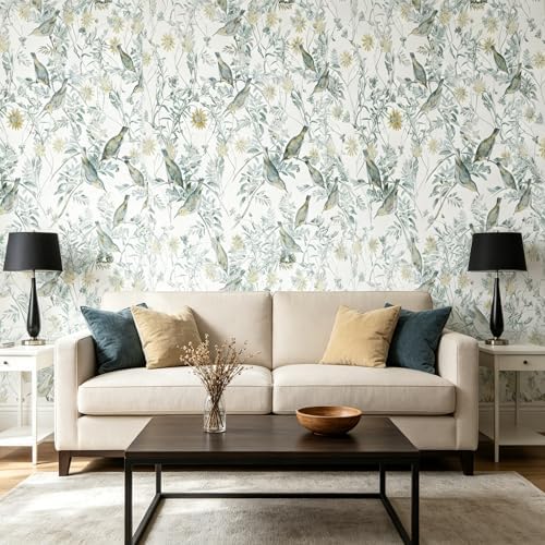 Peel and Stick Wallpaper White/Green Vintage Floral & Birds Self Adhesive - Image 5