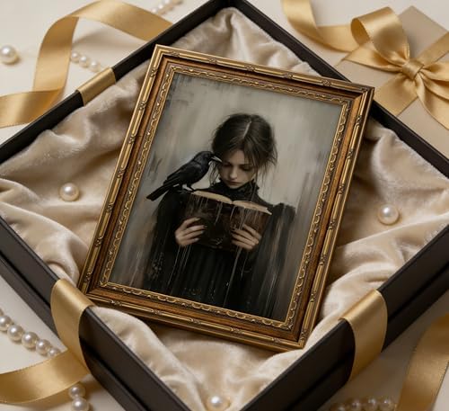 Vintage Gold Framed Girl Reading Book Canvas Wall Art Dark Academia Gothic - Image 5