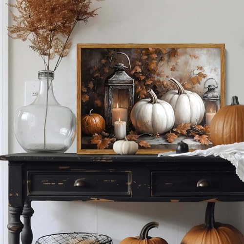 Framed Vintage Fall Pumpkin Canvas Wall Art, Rustic Farmhouse Autumn Paintings - Image 2
