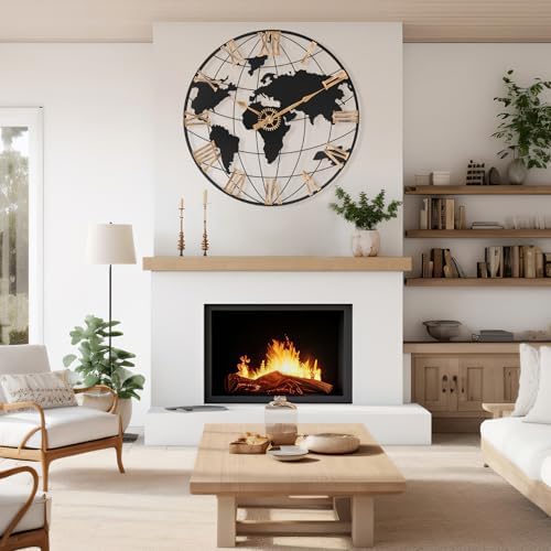 Pytha Sight 24 Inch Large World Map Vintage Gold Roman Numerals Wall Clock - Image 5