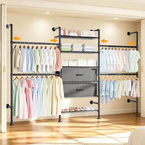 Wall Mounted Clothes Rack with 2 Drawers, 3 Row Expandable Closet by UILNHKHeavyDutyClothesRack