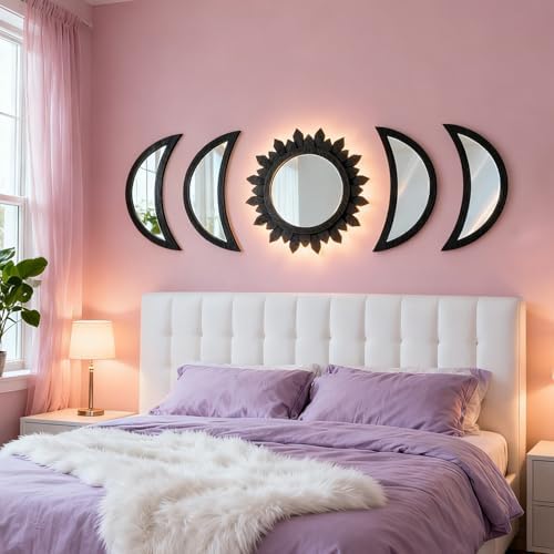 5 Pieces Moon Phase Mirror Wall-Mounted Wall Decor Mirrors Natural Wooden - Image 5