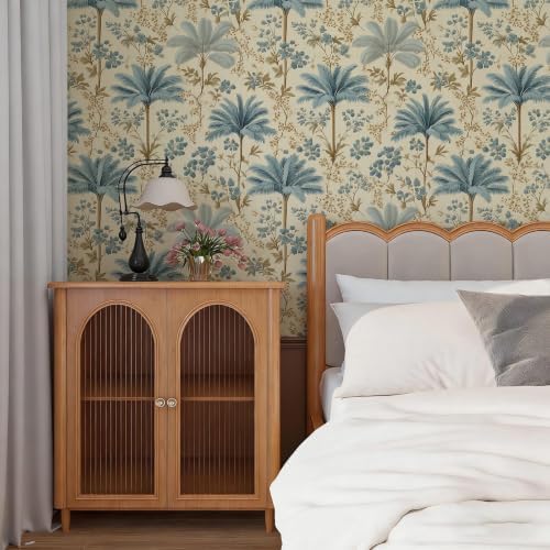 Stickorama Vintage Chinoiserie Blue Palm Tree Floral Peel and Stick Wallpaper - Image 5