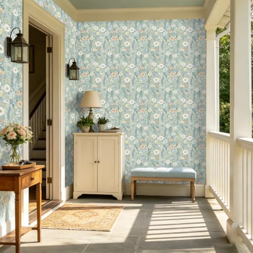 Boho Pale Blue Daisy Floral Peel and Stick Wallpaper 17.5" x 118" - Image 3