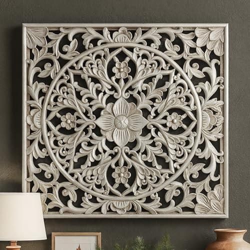 XIAOAIKA Boho Carved Wood Wall Art Panel, Floral Mandala, Distressed Silver by XIAOAIKA
