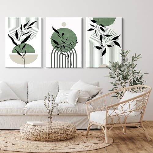 Mid Century Modern Wall Art Set of 3 Sage Green Canvas Wall Art Boho Prints - Image 4
