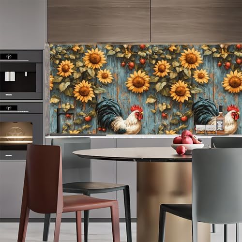 Removable Wallpaper Sunflowers Rooster Peel and Stick Mural Wood Vintage - Image 5