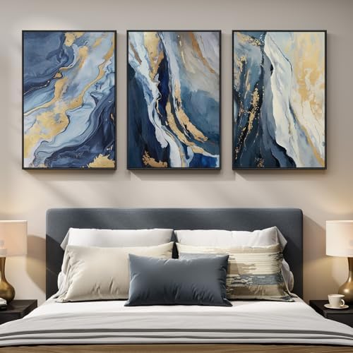 Large Framed Blue and Gold Abstract Wall Art - Image 4