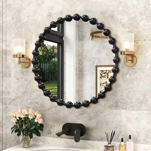 AAZZKANG Black Round Wall Mirror Metal Framed Beaded Mirrors Large 24" - Image 4