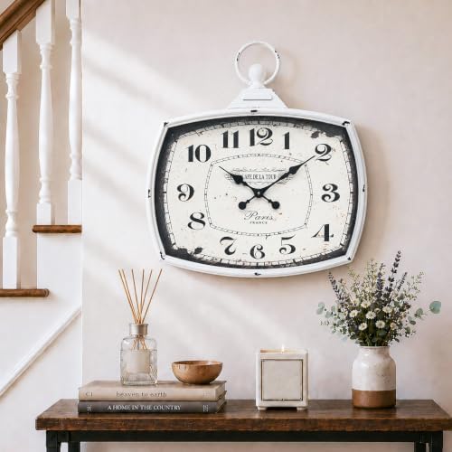 Large Farmhouse Wall Clock, Vintage Metal Rectangle Silent Battery Operated by JUMBO+DECOR