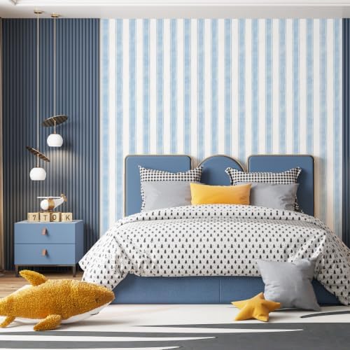 17.3" x 480" Watercolor Blue Striped Peel and Stick Wallpaper - Image 6