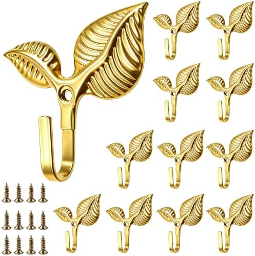 Set of 12 Vintage Leaf Wall Hooks, Rustic Gold Iron Heavy Duty Coat Hangers by Unknown