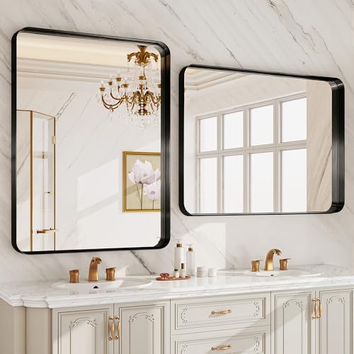 24"X32" Matte Black Metal Framed Vanity Rounded Rectangle Bathroom Mirrors - Image 3