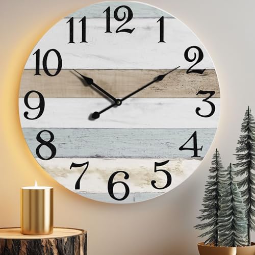 24 Inch Wall Clock Wood Round Silent Non-Ticking Clock by ErunerHomeDecor