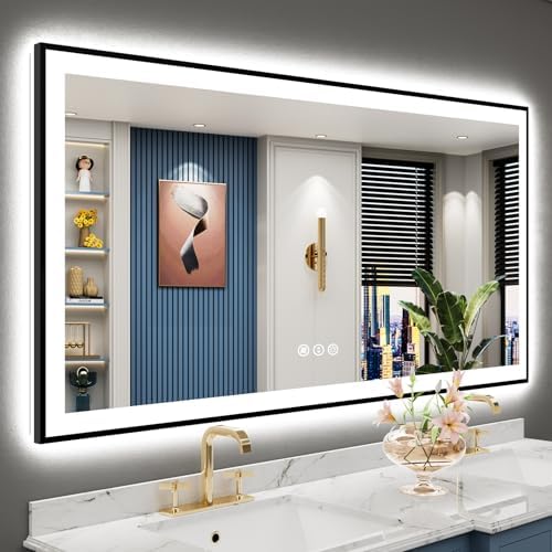 60x30 Black LED Bathroom Mirror, Backlit & Front Lit Lighted Mirror by Awandee