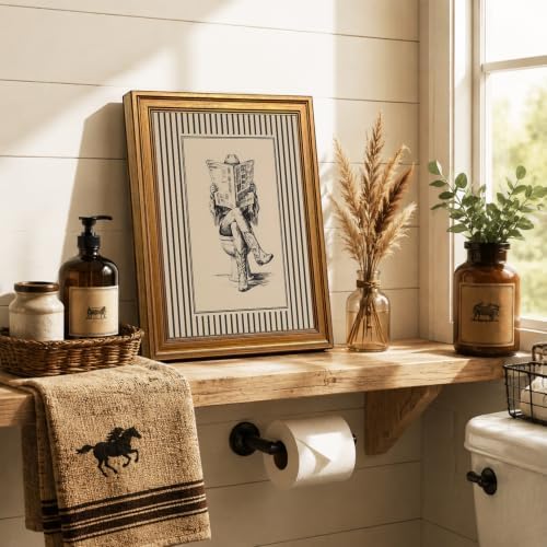 Vintage Gold Framed Western Bathroom Wall Art, Funny Cowgirl Reading Newspaper - Image 4
