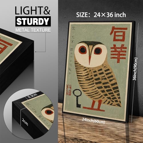 Japanese Animal Black Framed Poster Prints Vintage Owl Canvas Wall Art 24x36 - Image 3