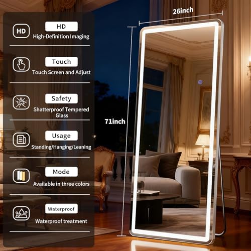 LED Full Length Mirror with Dimming &3 Color Lighting 26 x 71 - Image 6