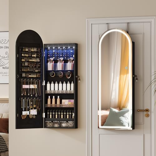 LVSOMT Arched Lighted Mirror Jewelry Cabinet, Wall/Door Mount Jewelry Armoire - Image 2