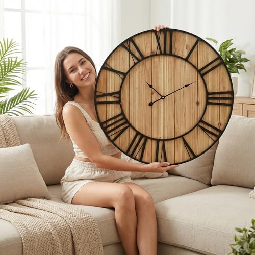 EMAX HOME Large Farmhouse Wall Clock 30 Inch Vintage Brown Wooden Wall Clock by EMAXHOME