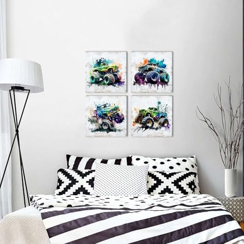 Car Room Decor Truck Canvas Wall Art Framed Boys Room Watercolor Cartoon Car - Image 2