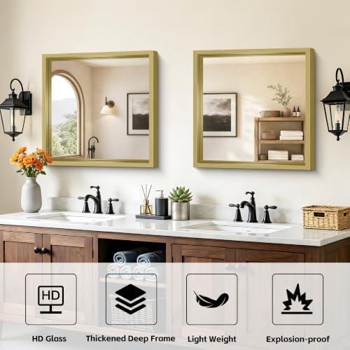 Bathroom Mirror, 24 x 24 inch Natural Wood Grain Colored Aluminum Metal Frame - Image 3