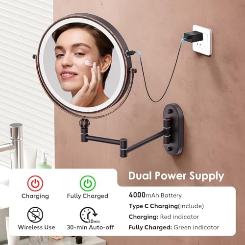 9" Wall Mounted Lighted Makeup Mirror, 4000mAh Rechargeable Double Sided 1X/30X - Image 4