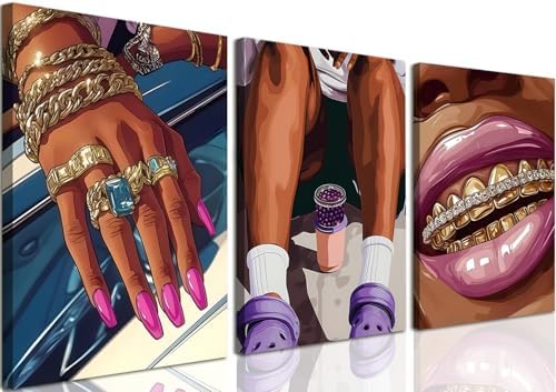 Framed Black Girl Wall Art Set of 3, Trendy Hip Hop Black Woman Wall Decor by Unknown