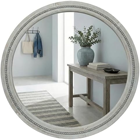 Solid Wood 30 Inch Round Beaded Vanity Wall Mirror, Weathered Gray by Pocetry
