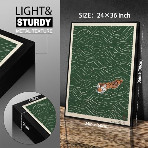 Black Framed Vintage Japanese Tiger Swimming Prints 24x36in Ukiyo-e Style Wall - Image 2