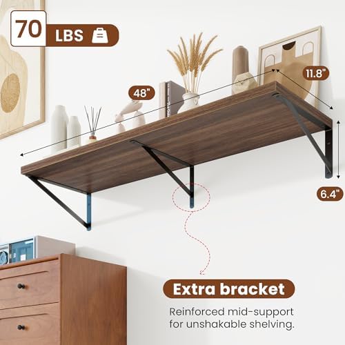 Deep Wall Shelves 48"W x 12"D Engineered Wood Floating Shelves - Image 3