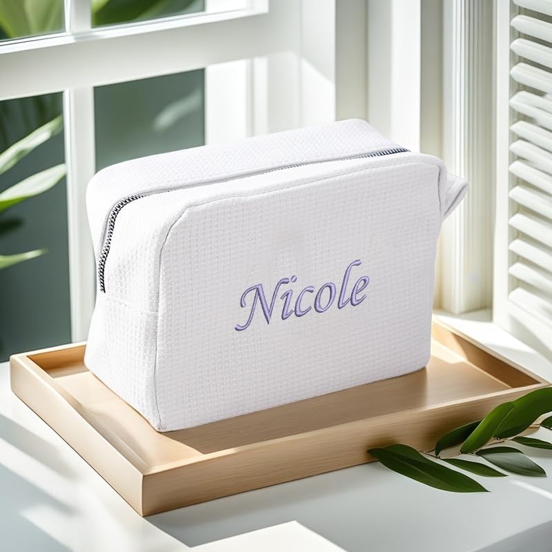 GOPHIE Personalized Embroidered Makeup Bag,Custom Waffle Fabric Cosmetic Pouch for Women, Travel Makeup Pouch (1, White)