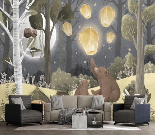 Cozy Night Forest Animal Sleeping Bear Lantern Kids Wallpaper by Unknown