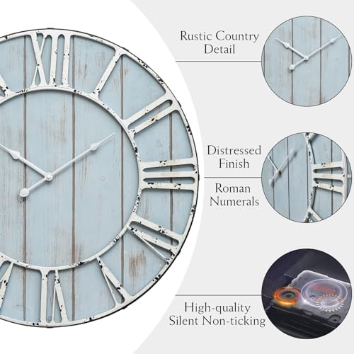EMAX HOME Large Farmhouse Wall Clock 24 Inch Vintage Blue Wooden Wall Clock - Image 5
