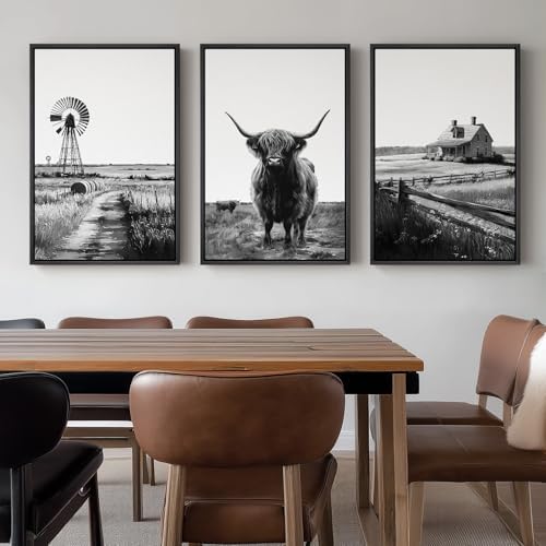 Framed Black and White Western Highland Cow Wall Art, 3 Pieces 20x30 In - Image 3