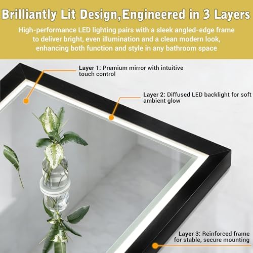 22x34 LED Bathroom Mirror with Lights, Beveled Framed Smart Bathroom Vanity - Image 3