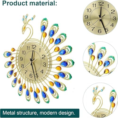 TeamSky 14.6" 3D Crystal Peacock Wall Clock, Silent Metal Decorative Clock - Image 3