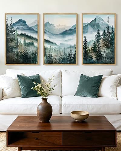 KUVIOKE Landscape Mountain Range Wall Art Set 24x 36in Watercolor Foggy Pine by KUVIOKE