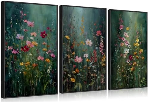 3Pcs Dark Green Floral Canvas Wall Art Moody Wildflowers Poster Prints Vintage by RDFMNNS