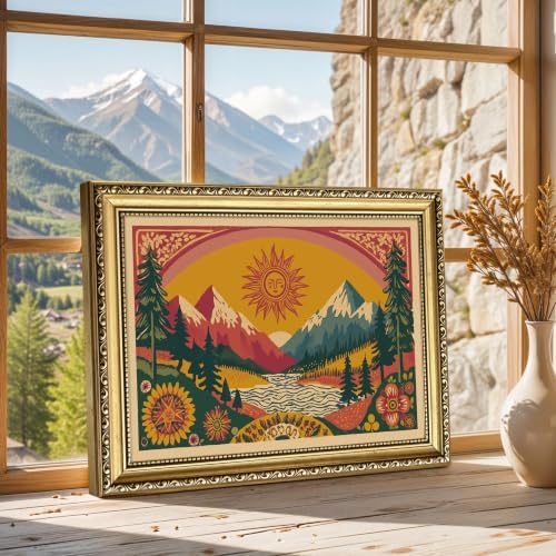 Gold Framed Boho Canvas Wall Art, Abstract Mountain Sun Print - Image 2