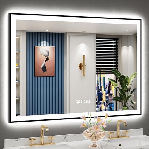 50x36 Black LED Bathroom Mirror, Backlit & Front Lit Lighted Mirror by Awandee