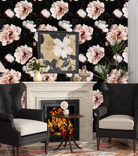 Black Pink Floral Peel and Stick Vintage Peony Wallpaper 17.5X 118 - Image 2
