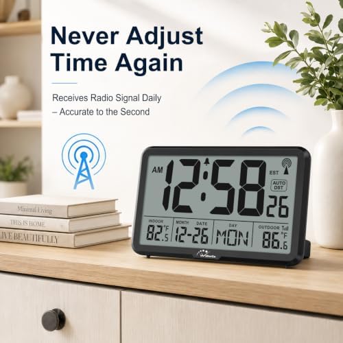 WallarGe Atomic Clock with Backlit, Indoor Outdoor Temp, Battery Operated - Image 2