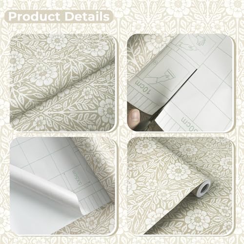 17.3" x 393.7" Floral Wallpaper Peel and Stick Vintage Boho Cream Damask - Image 2