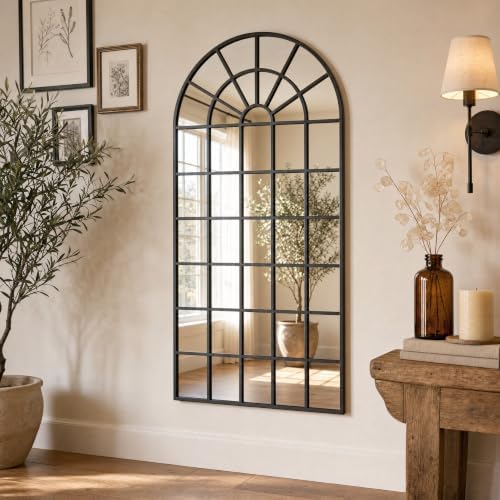64x30Inch Large Arched Window Pane Mirror| Black Arched Mirrors by SalkalaDecor