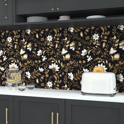 BOKEBEVE Black Gold Leaf Wallpaper Peel and Stick Vintage 17.5 x 118In - Image 4