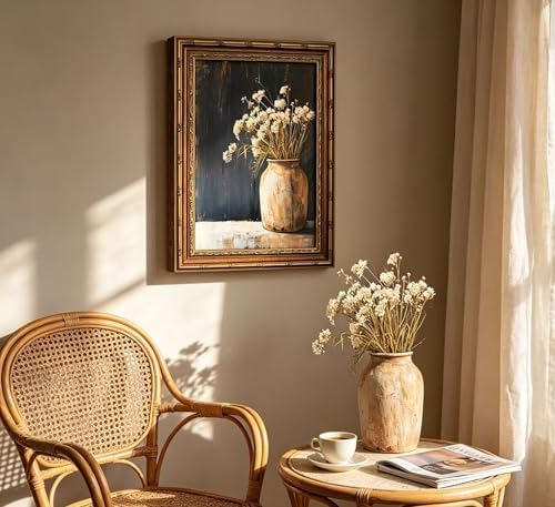 Vintage Gold Framed Wall Art, Fall Dried Flowers Antique Vase Country Oil - Image 5