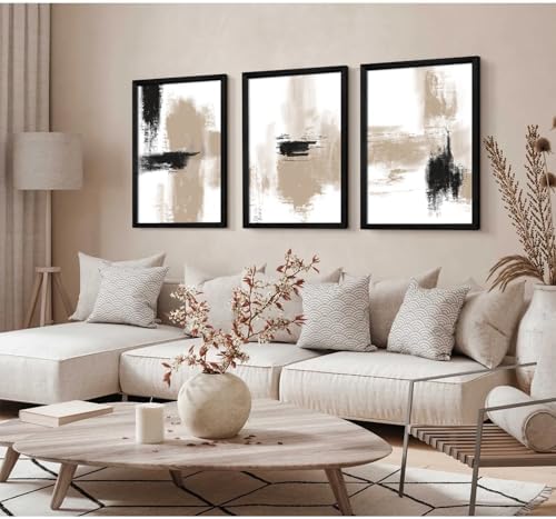 Beige Abstract Wall Art Painting Set of 3 Neutral Canvas Wall Art Prints Black - Image 4