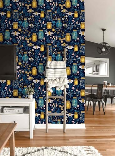 Enchanted Firefly Jar Peel and Stick Wallpaper, Night Botanical Wallpaper - Image 3