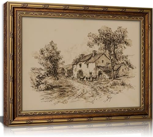 Vintage Gold Framed Farmhouse Sketch Wall Art，Retro Country Cottage by HPZFEIJJWallArt